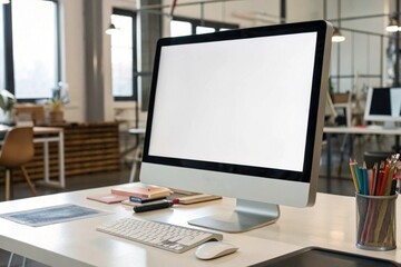 Naklejka premium A modern and minimalist office workspace with a computer on a desk, featuring a clean and contemporary design for business and work