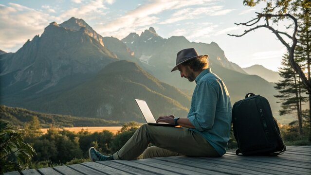 A man working on a laptop in the mountains, enjoying the freedom of remote work and the beauty of nature during his travel adventure