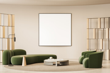 Modern living room interior with green furniture and large blank poster on beige wall for artwork or design mockup template in stylish minimalist setting. 3D Rendering