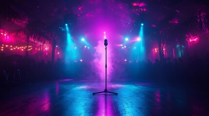 Illuminated stage with a vintage microphone against a backdrop of vibrant lights