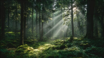 Fototapeta premium Tranquil Forest Scene with Sunlight Rays Shining Through Lush Green Trees in a Serene Natural Environment