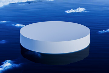 Abstract white cylindrical mock up pedestal floating on calm blue ocean with icebergs for design and copy space concepts in minimal style. 3D Rendering