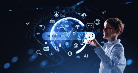 Smiling child touching digital search interface with globe and t