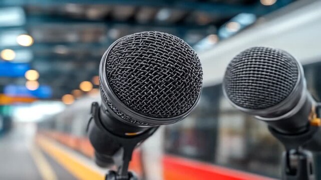 Closeup of microphones at train station platform with for news conference or report.