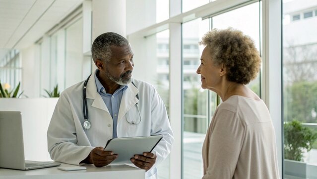 An african american doctor consults with a senior woman, providing healthcare and medical advice in a bright clinic setting, fostering trust and communication - Powered by Adobe