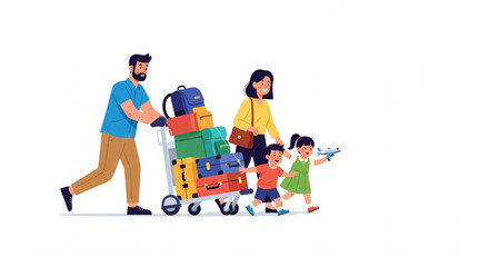 A family is traveling, the father pushing luggage, children running, mother walking.
