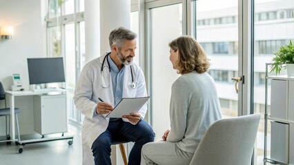 A doctor consults with a patient, providing healthcare and medical advice in a bright clinic setting, fostering trust and communication