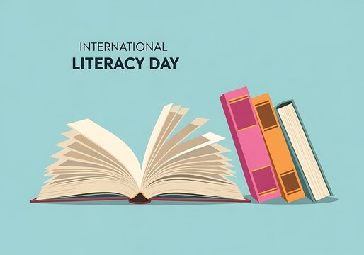 National read a book day international literacy day celebration with an open book and three standing books, symbolizing knowledge and education