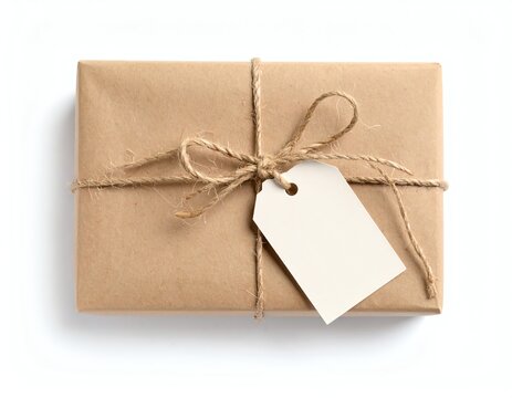 Wrapped gift with a blank tag for personalization.