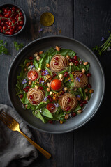 Luxury Gourmet Salad with Avocado Roses, Spinach, Cherry Tomatoes and Pomegranate Seeds &ndash; Fine Dining Food Top View