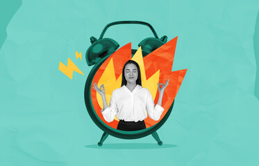 Calm woman meditating inside alarm clock with fire and lightning