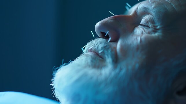 Close up of an elderly man s face in blue light