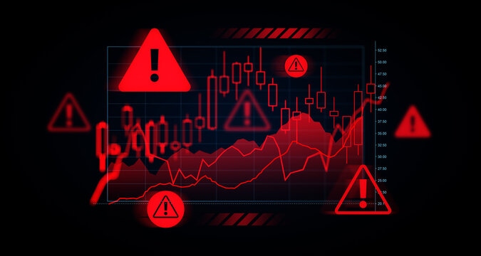 Stock market crash warning screen with red alert symbols and declining candlestick chart on dark backdrop. 3D Rendering