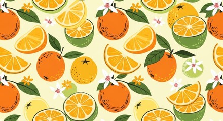 Invigorating citrus pattern with oranges, slices, blossoms, and leaves
