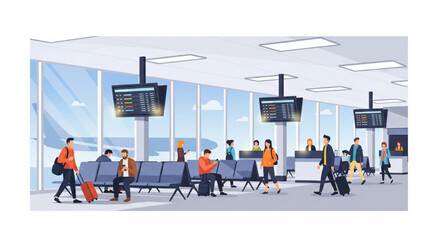 Airport terminal interior, filled with travelers, displays, and seating areas.