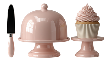 Pink Dessert Display with Covered Cake and Cupcake on Isolated Background
