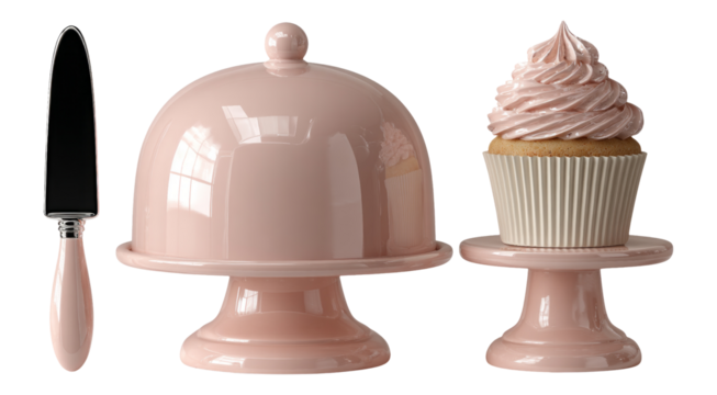 Pink Dessert Display with Covered Cake and Cupcake on Isolated Background