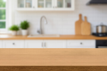 Kitchen wood table top for product display with blurred modern interior. Wooden tabletop over defocused kitchen background. kitchen furniture and desk space. product promotion in the kitchen