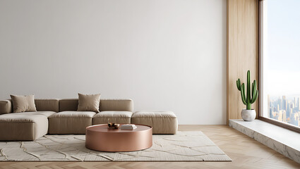 Modern living room with sectional sofa and copper coffee table beige