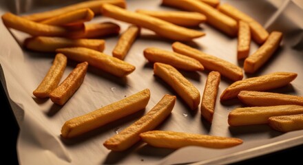 Golden-brown french fries on a baking sheet