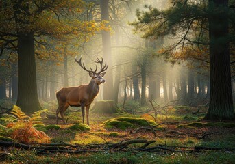 Majestic red deer stag standing regally in a misty autumnal forest