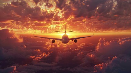 Passenger plane in the sky against the backdrop of a dramatic sunset over thick clouds. Travel concept,  freedom, aviation and adventure. Perfect for tourism, transportation, business travel.
