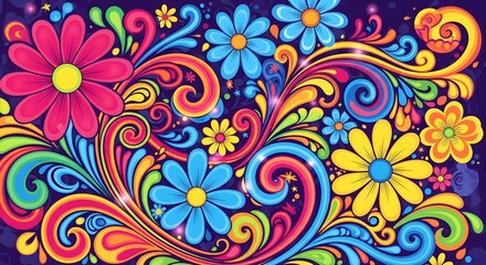 Colorful Floral Pattern with Bright Pink Blue Yellow Swirling Flowers and Abstract Design