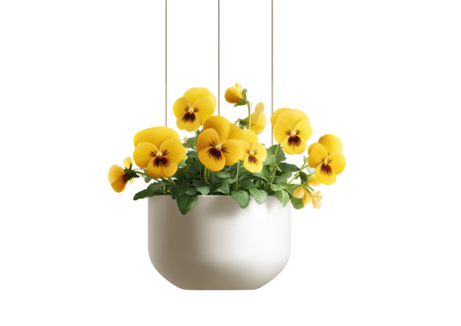 A hanging planter with bright yellow pansies