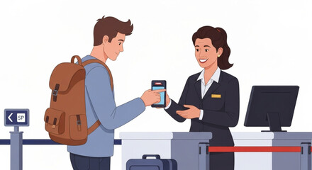 Obraz premium Traveler showing digital ticket on smartphone to airport staff at check-in counter.