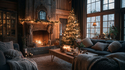 Fototapeta premium Cozy living room with fireplace and Christmas tree