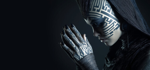 Fashion editorial style image of a model in dark gothic attire with glowing tribal cyber tattoos, minimal background with copy space.