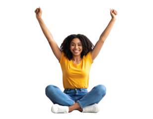  “Joyful Woman Sitting on Floor with Raised Arms, Isolated on Transparent Background”.