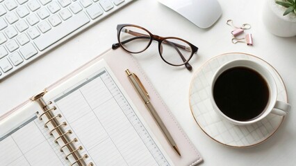 Overhead shot of a white desk with a keyboard, mouse, coffee cup, planner, glasses, and pen isolated on white background