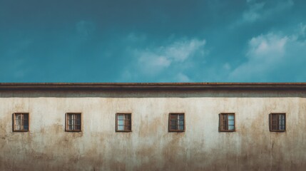 Weathered Wall with Windows Under Dramatic Sky in Urban Setting, Perfect for Architecture and Texture Themes