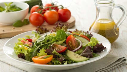 Fresh salad with tomatoes, lettuce, cucumber, and onion on a white plate with oil and vinegar dressing on a wooden table