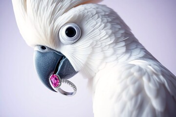 Close-up studio photo of a white cockatoo holding a luxury diamond ring with a pink gemstone, isolated on white background.
