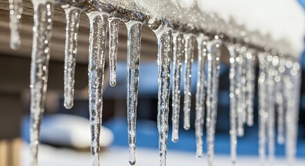 Close-up of Glistening Melting Icicles Hanging on a Sunny Winter Day