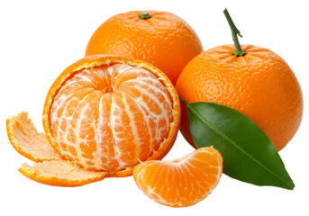 Fresh peeled tangerine with segments and leaves isolated on transparent background