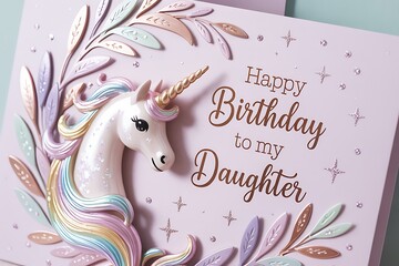 Magical unicorn birthday card for daughter with pastel floral accents and sparkling stars