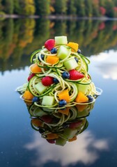 Photo of a vibrant and healthy spiralized zucchini salad topped with fresh berries and citrus fruits, beautifully presented on a reflective surface with a natural backdrop