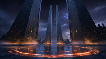 Wide-angle view of a glowing cybersigilism gateway between two massive tribal cyber obelisks, dark skies and gothic energy flows.