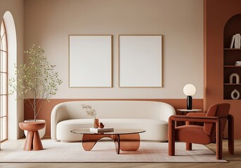 Stylish living room with a curved sofa, terracotta armchair, and unique coffee table, adorned with plants and two blank frames on the wall