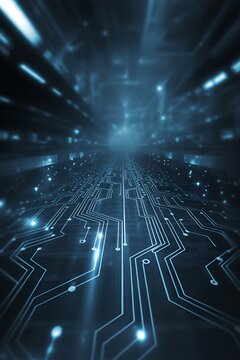 Futuristic Circuit Board Pathway in Deep Blue Haze