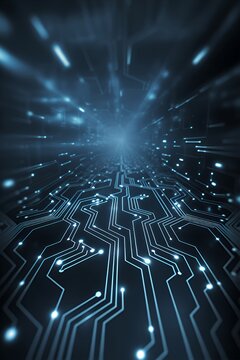 Futuristic Circuit Board Pathway in Deep Blue Haze