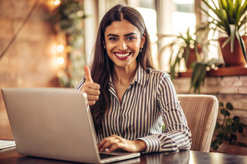 Smiling Business Woman Giving Thumbs Up While Working on Laptop at Office. Happy Women. Thumbs Up Sign.