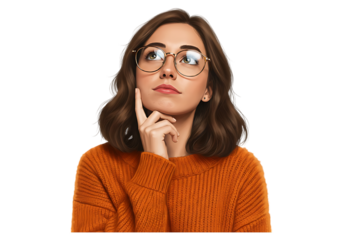 Young woman wearing glasses thinking deeply isolated on transparent background