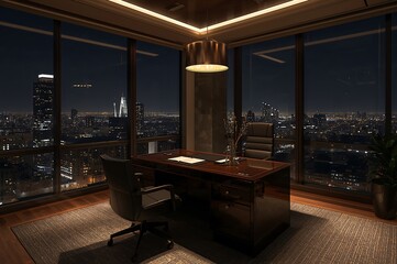 A luxurious office interior at night with a city view and a large wooden desk and comfortable leather chairs