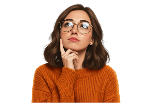 Young woman wearing glasses thinking deeply isolated on transparent background