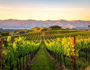 Naklejka premium Lush vineyard rows stretching toward a mountain range at golden hour