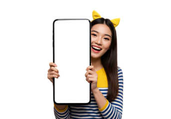 Young woman with cat ears holding a blank sign isolated on transparent background